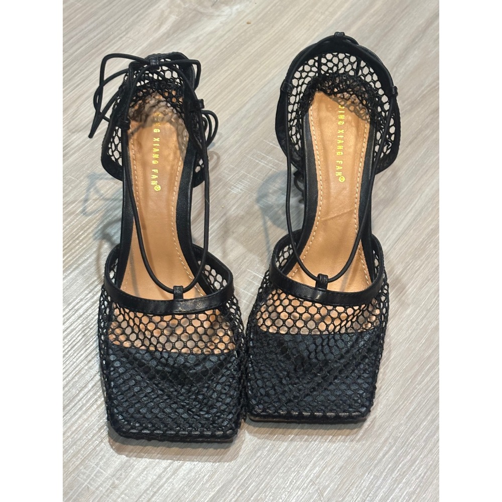 Qing Xiang Fang Black Mesh Lace Up Square Toe Stiletto Heels Size 39 - Picture 2 of 6